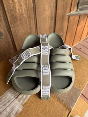 UGG olive grey Slide Sandals with White Branded Elastic